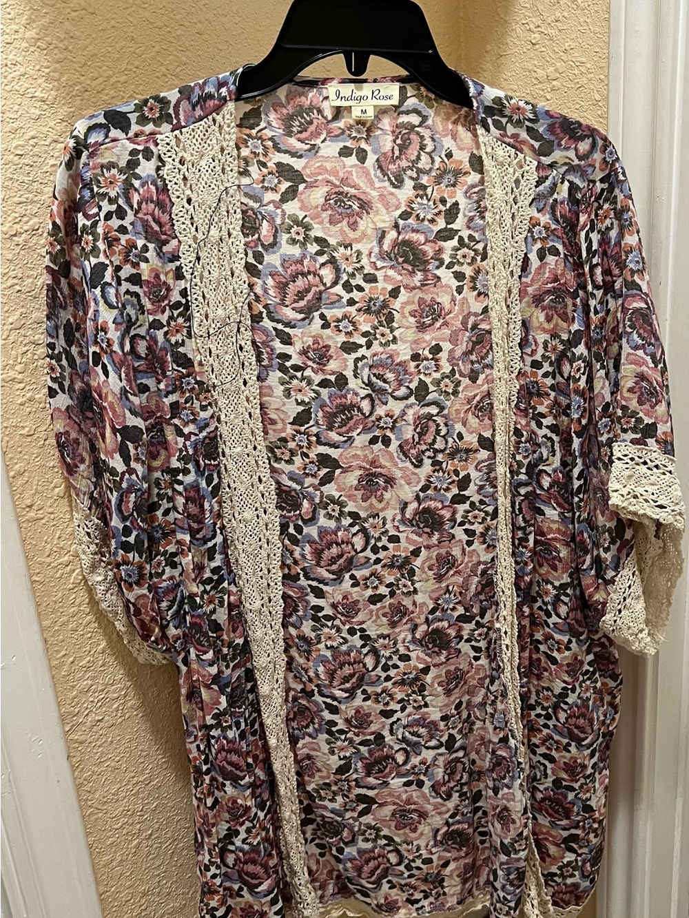 Indigo Rose Floral Lace-Trim Robe — Mauve Pink & Blue